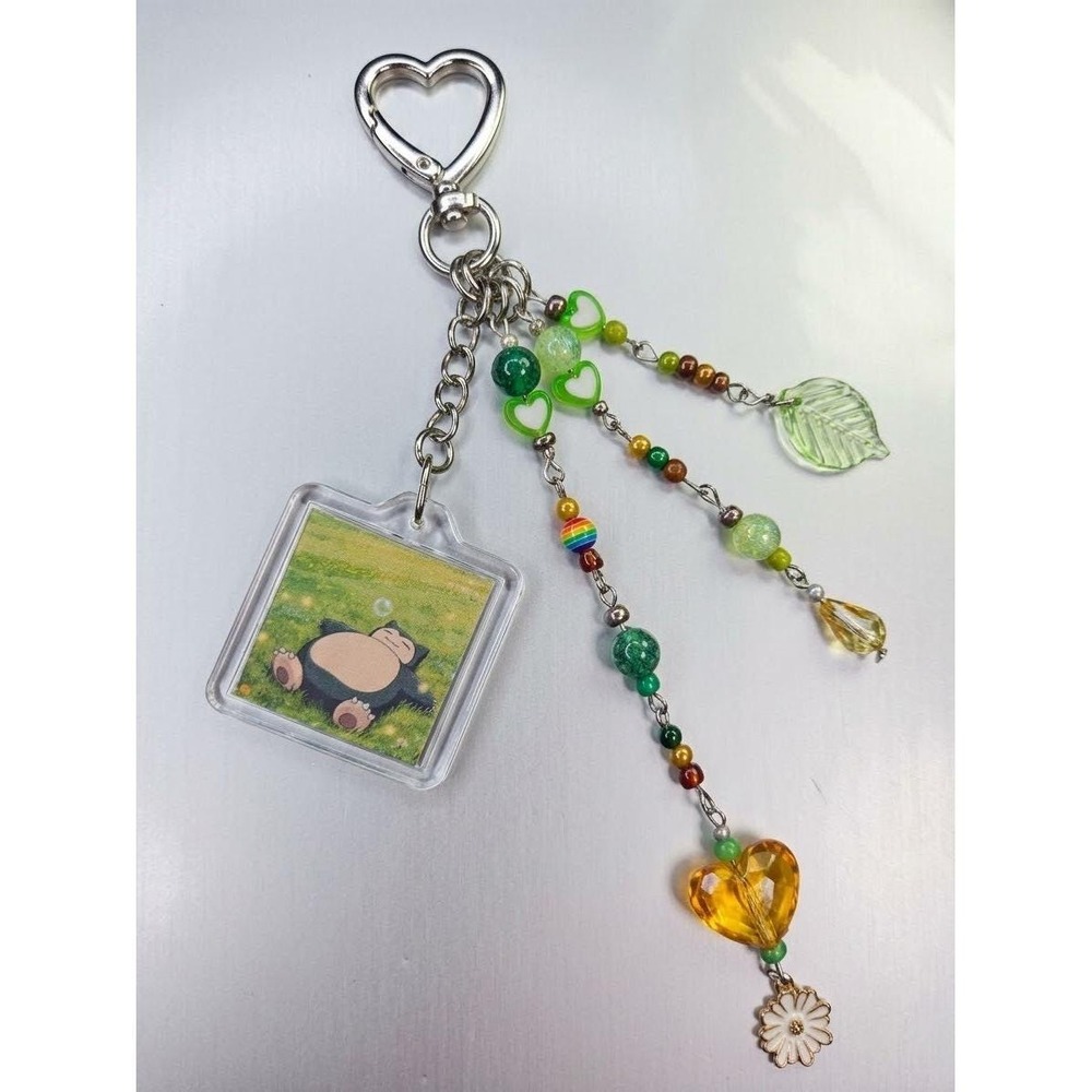 Luxury Keychain Sleeping Anime Monster Silver Tone Beaded Heart Leaf Whimsy